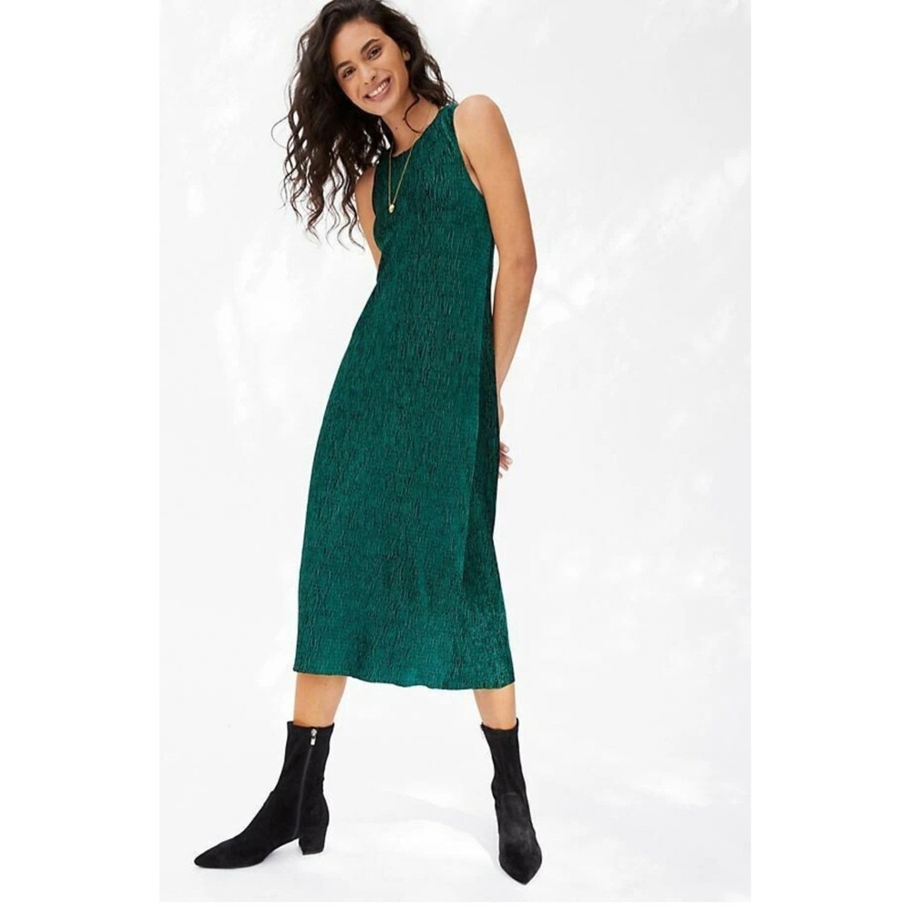 Maeve Anthropologie Emerald Green Plissé Pleated Midi Dress Sleeveless Medium